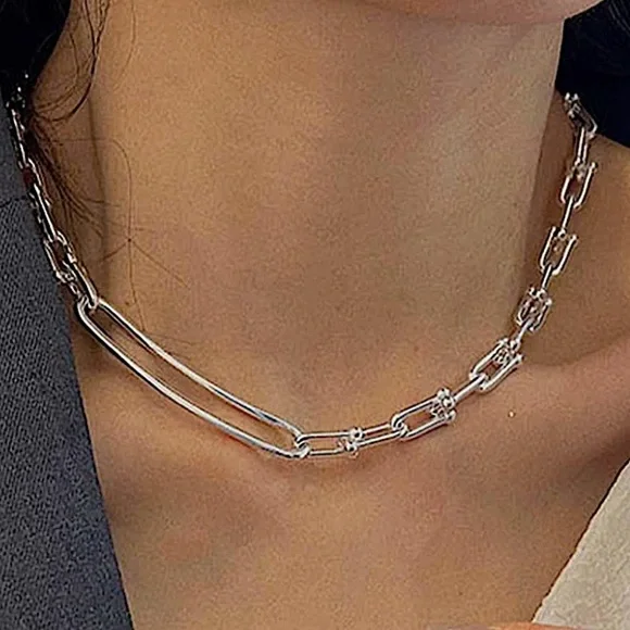 Sterling Silver U Link Horseshoe Chain Link Unisex Paperclip Choker Necklace - Picture 3 of 7